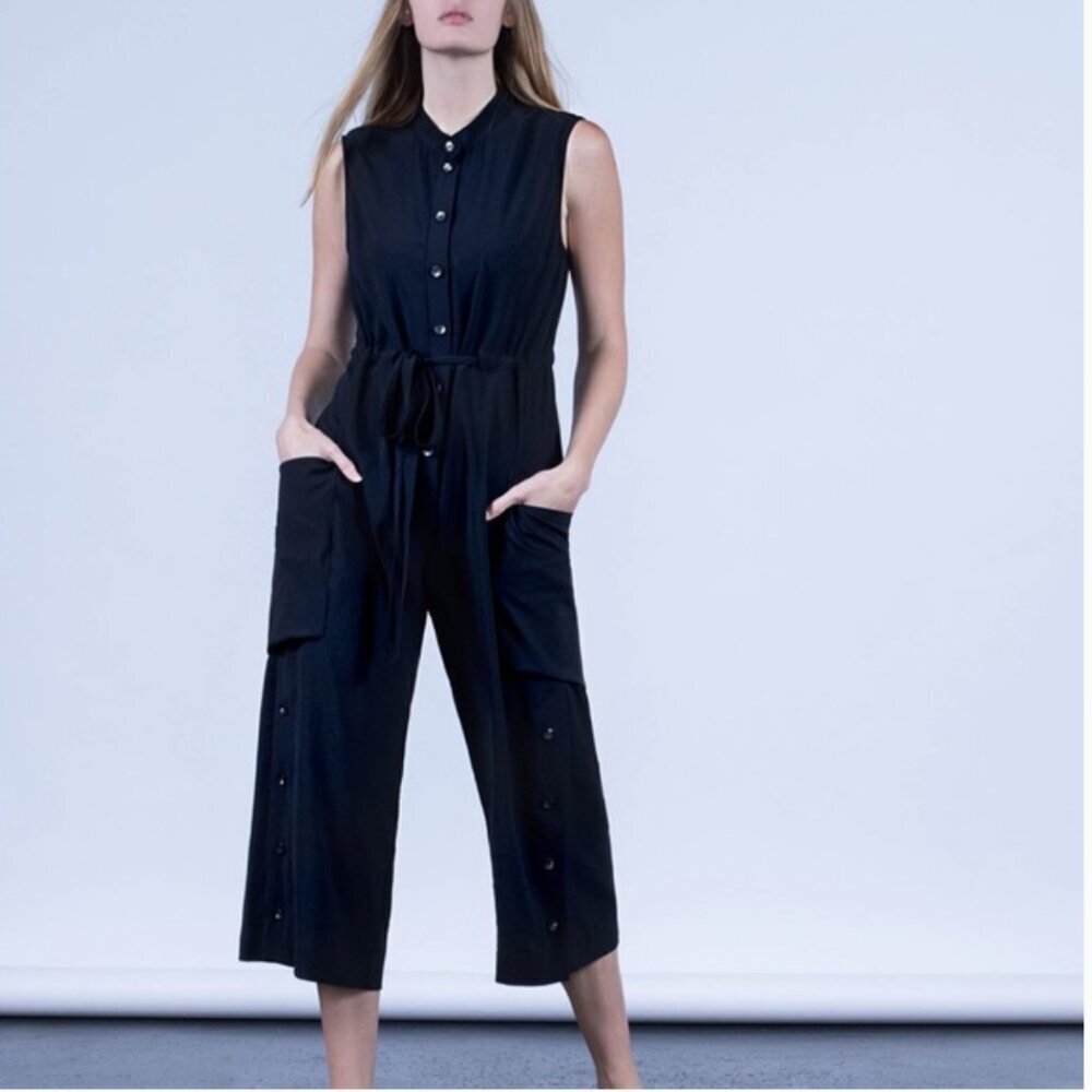 Malia Mills Black Cotton Wide Leg Button Up Drawstring Waist Jumpsuit Size 8